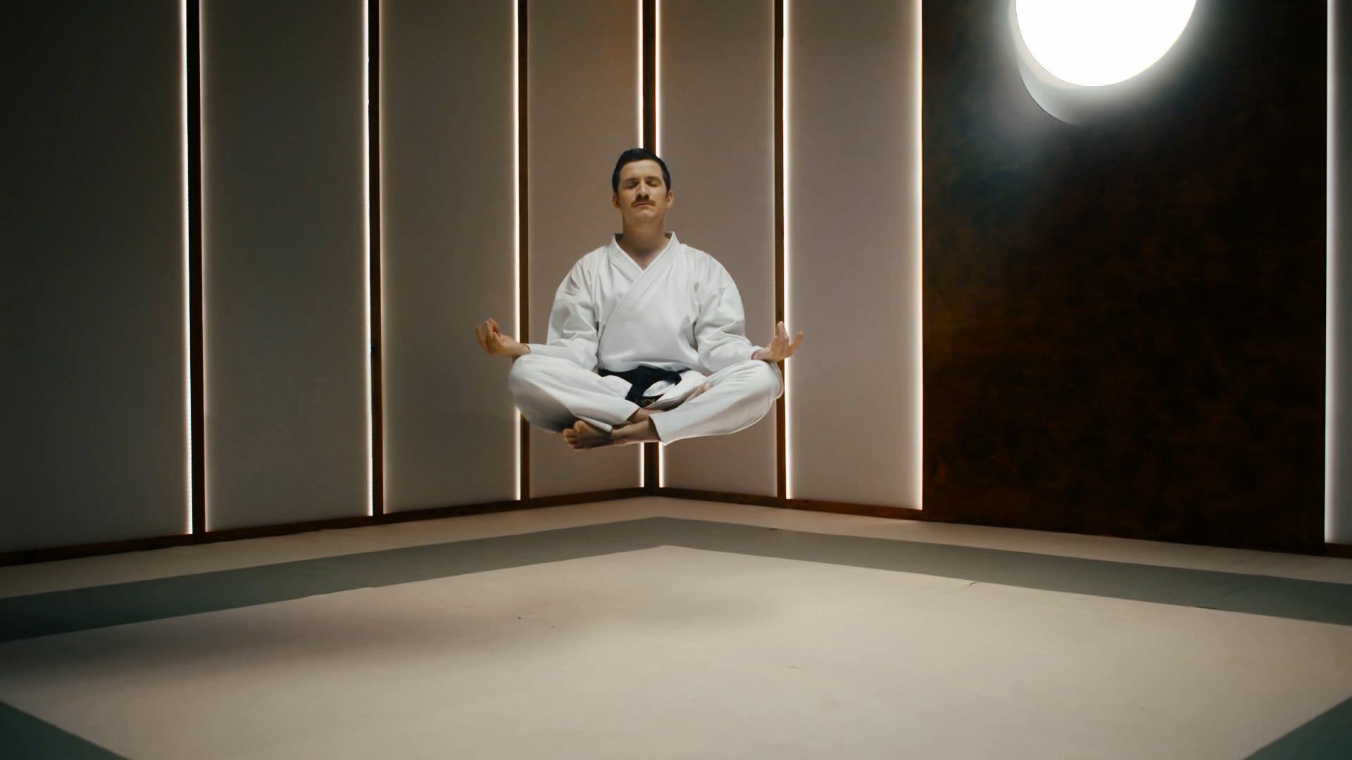 A martial artist floating in a dojo